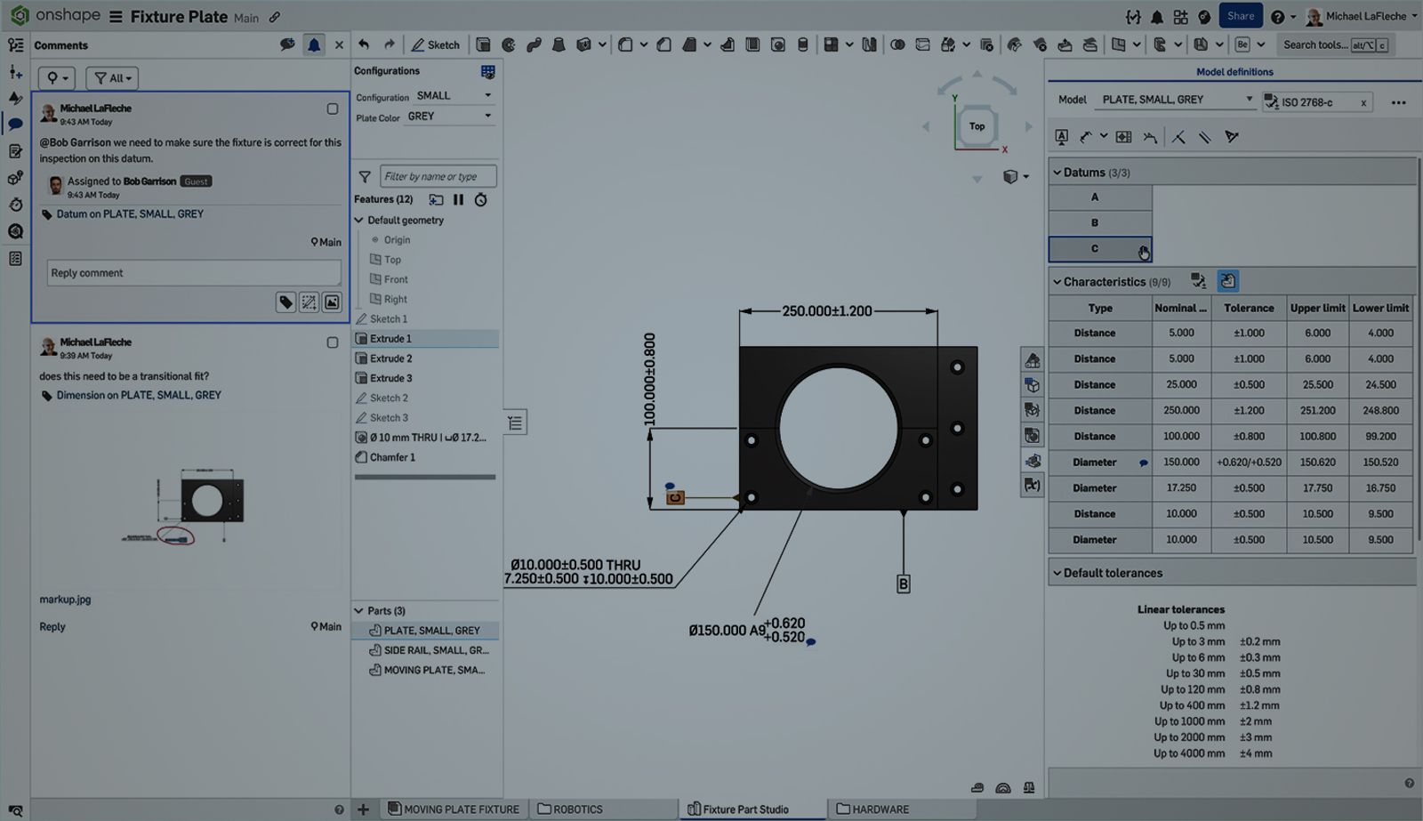 Onshape GUI with an overlay showing comments in MBD