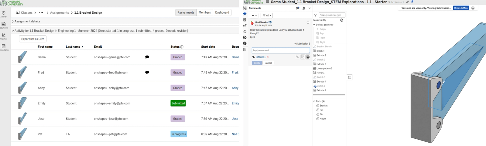 Two screens showing the Onshape GUI for the assignments dashboard and the design workspace.