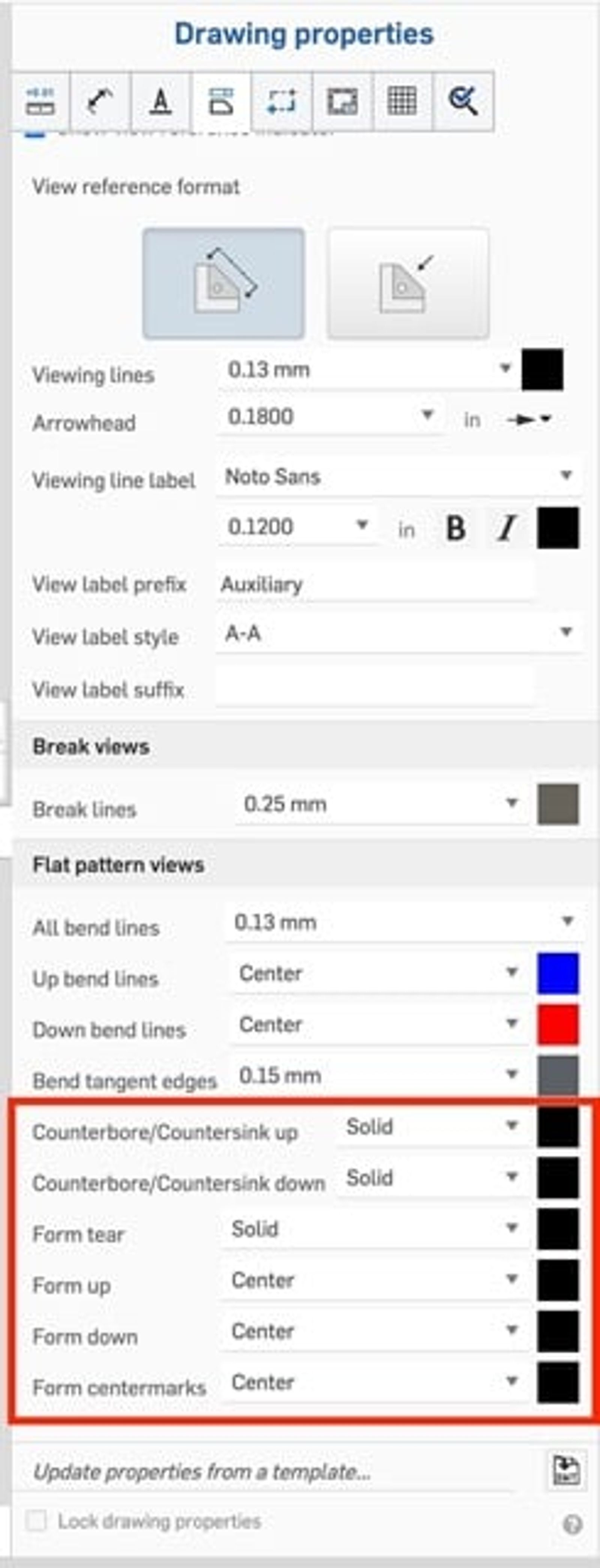 Screenshot showing Sheet Metal Flat Pattern Views - Properties panel.