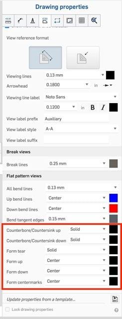Screenshot showing Sheet Metal Flat Pattern Views - Properties panel.