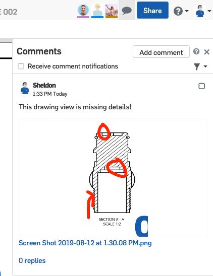 Image of an Onshape product model that shows how CAD users can use built-in markup tools to highlight areas of interest.