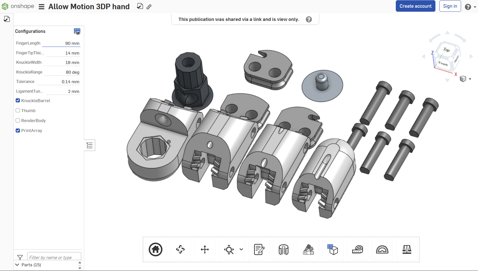 Onshape GUI showing an exploded view of a 3DP hand that Fello Agency helped turn into marketing materials.