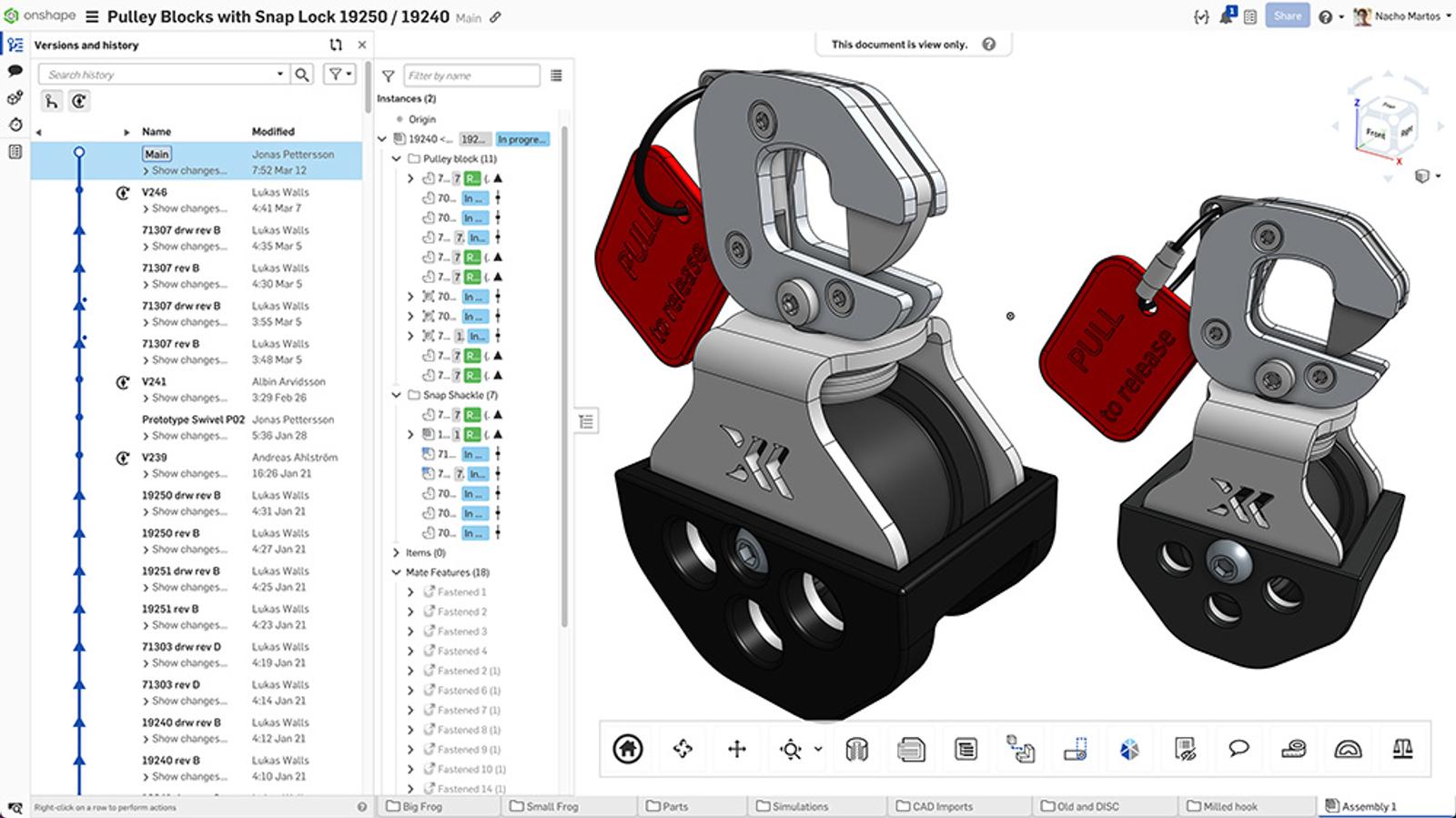 Pulley block, developed over hundreds of design iterations, as seen in the audit trail provided by Onshape PDM and visualized in the versions and history panel