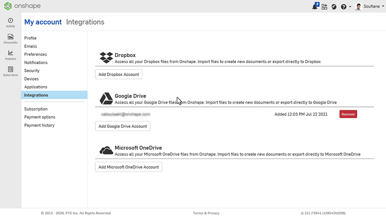 Onshape GUI showing the My account Integrations page.