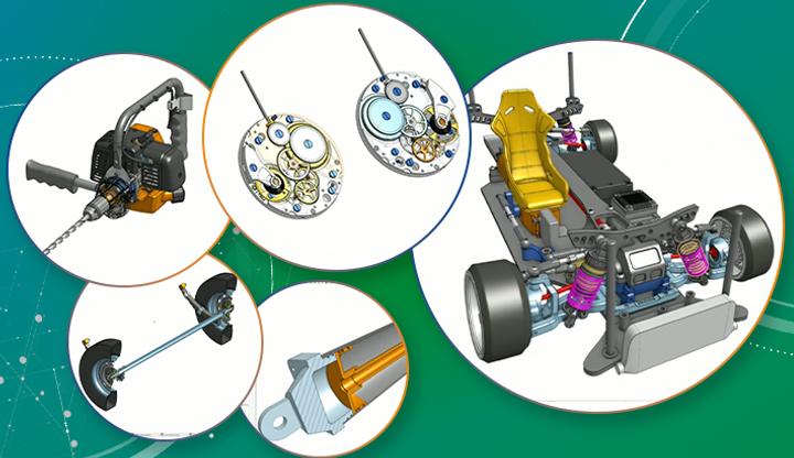 Collage of CAD models used in an Onshape demo highlighting new features.