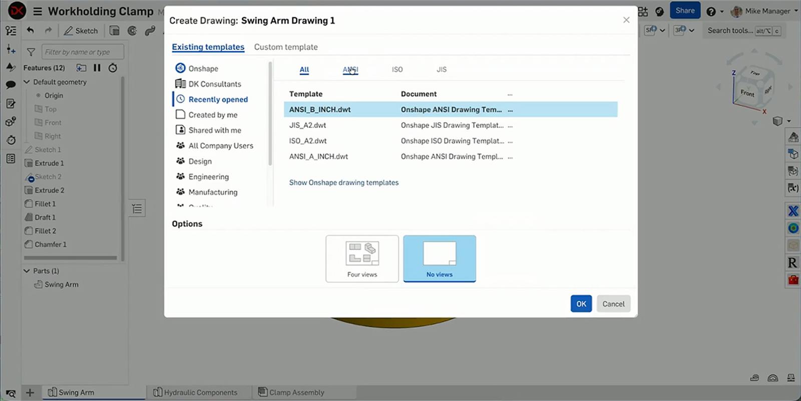 Onshape GUI showing the Create Drawings popup.