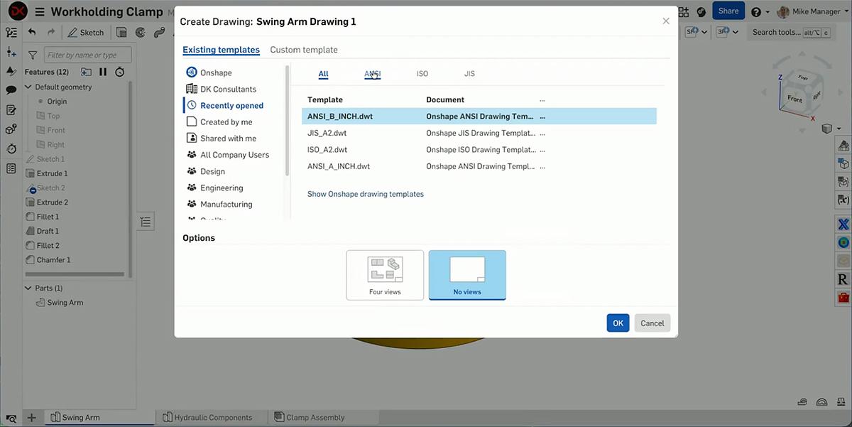 Onshape GUI showing the Create Drawings popup.