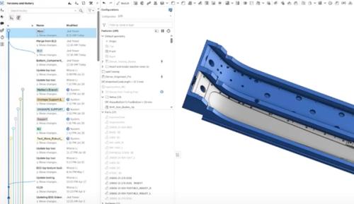 Onshape GUI showing a CAD model by K2 and its Versions and history panel.