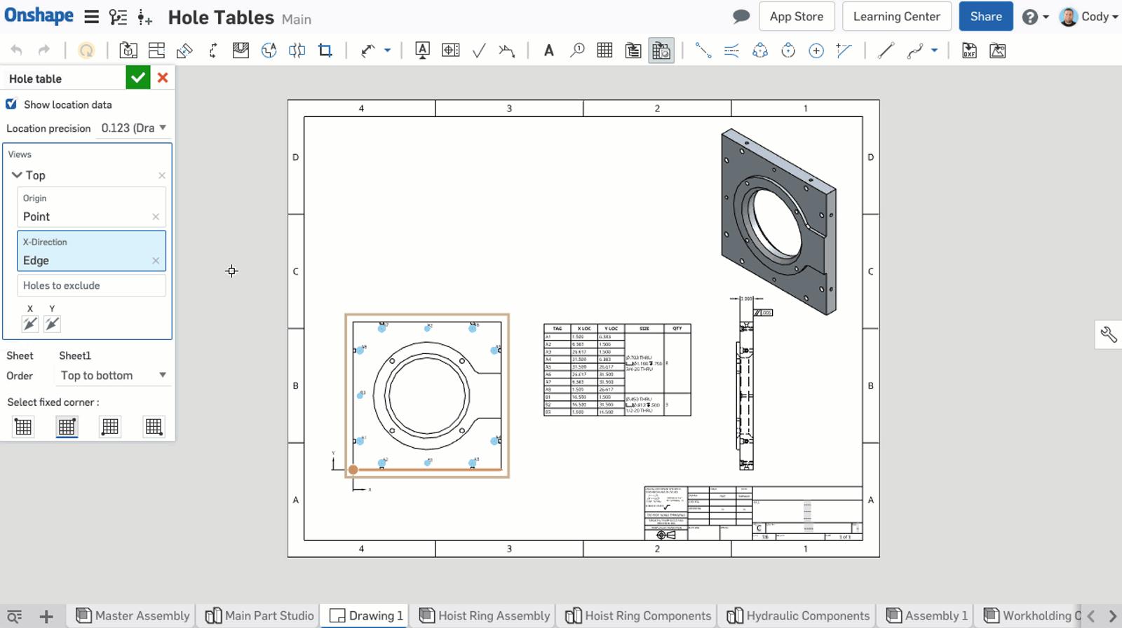 Screenshot of how to reference multiple views in your Hole Table in Onshape.