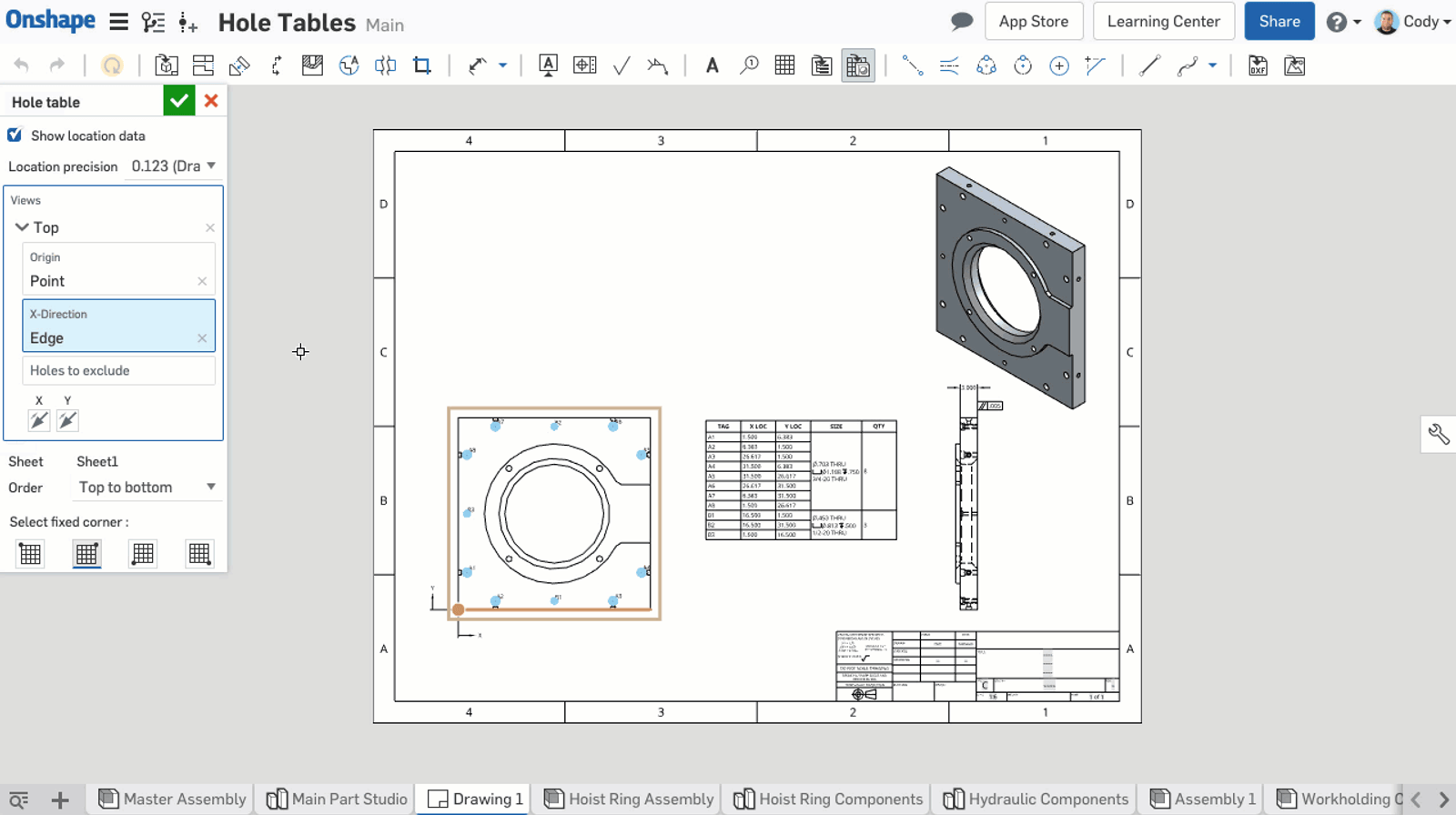 Screenshot of how to reference multiple views in your Hole Table in Onshape.