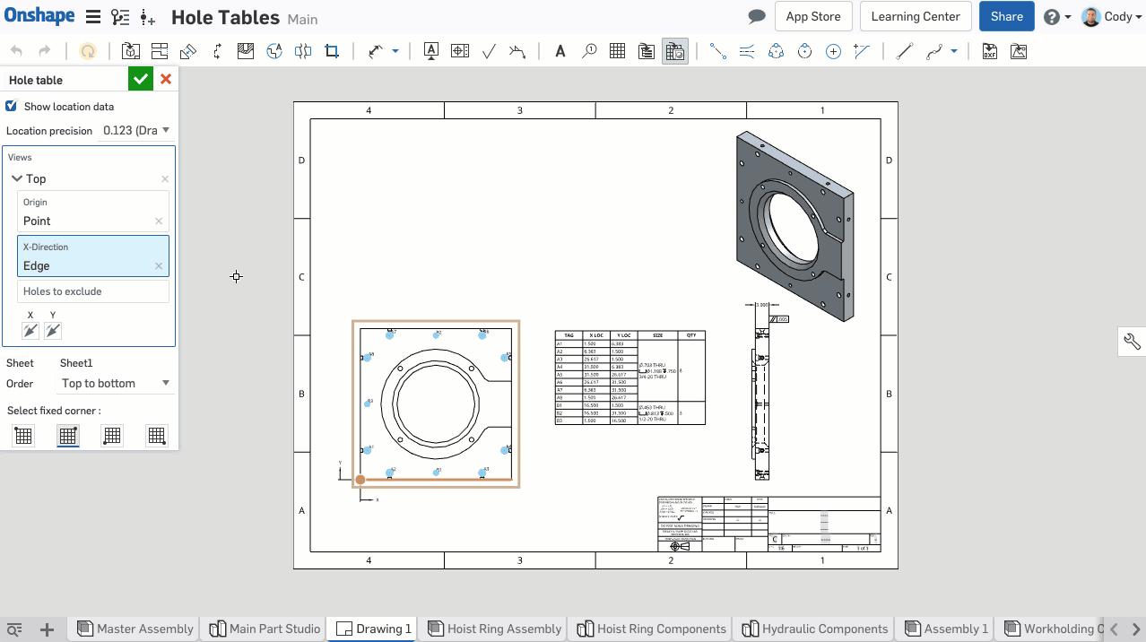 Screenshot of how to reference multiple views in your Hole Table in Onshape.