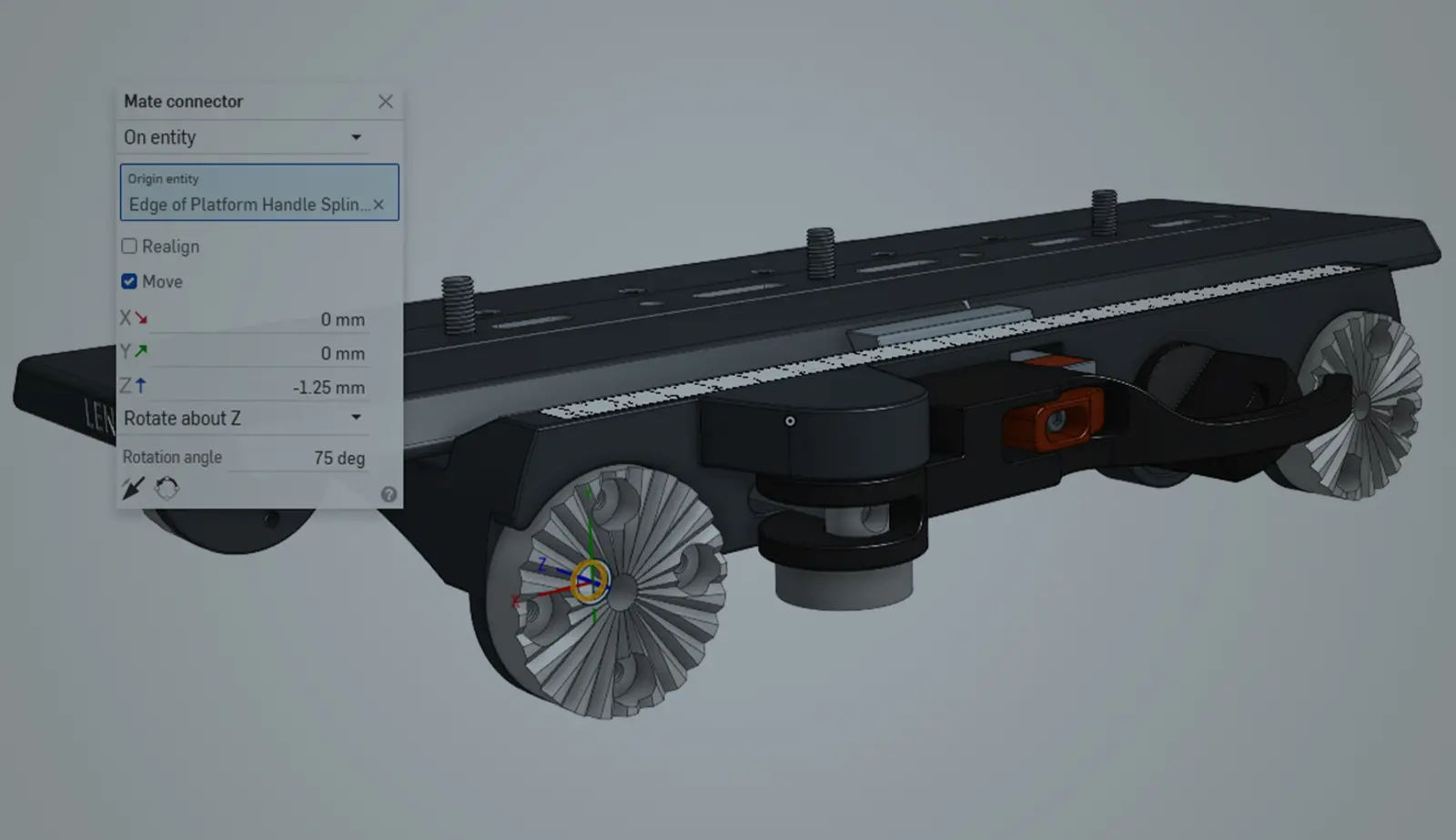 Onshape GUI with an overlay showing a 3D-modeled design and a Mate connector dialog box.
