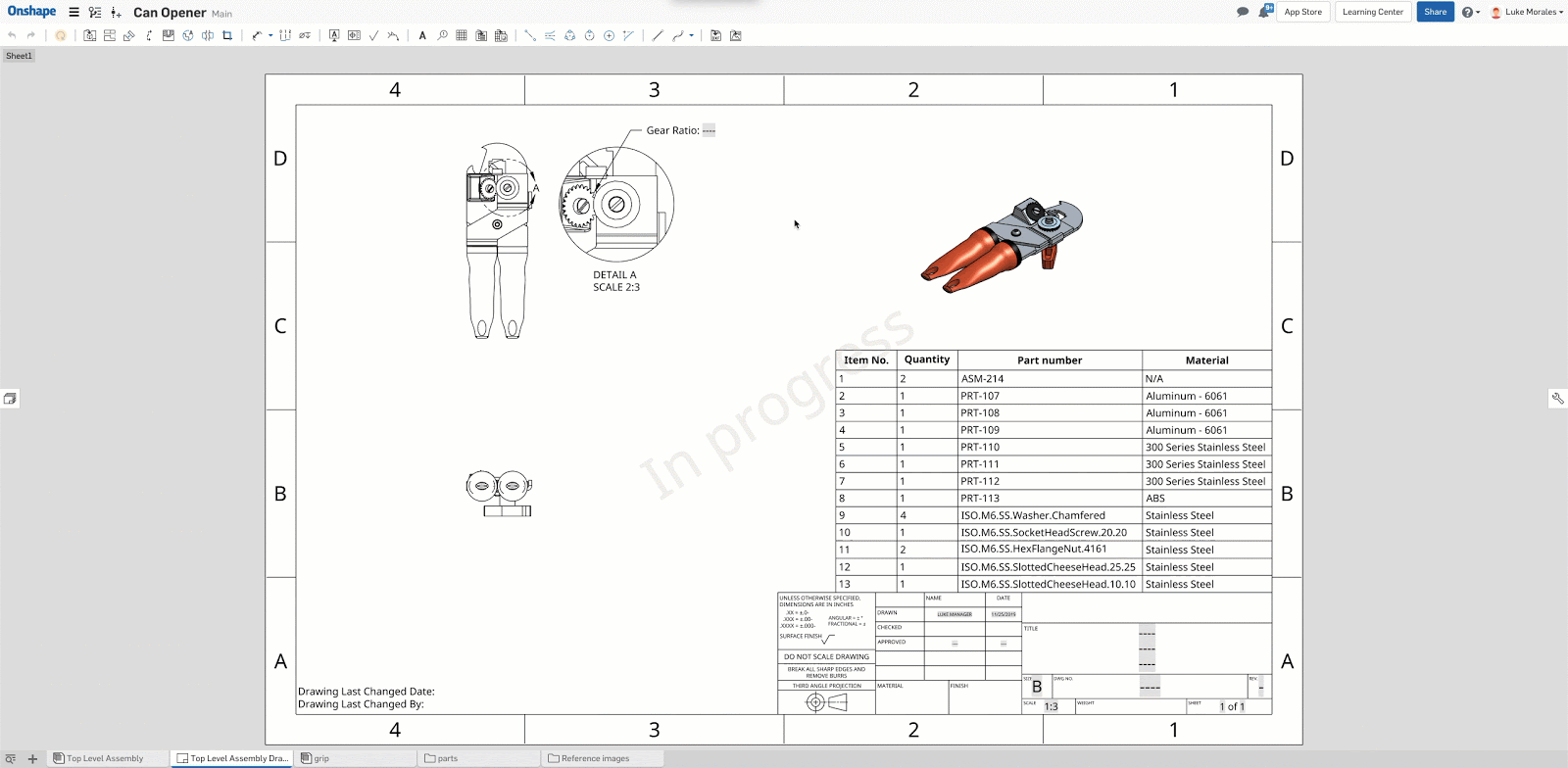 Onshape Drawing of a 3D-modeled can opener