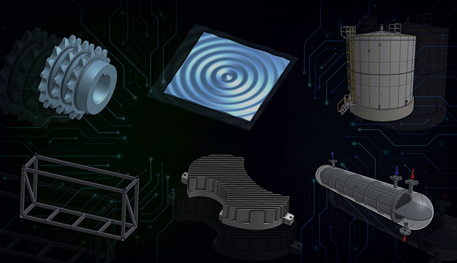 Collage with an overlay showing CAD models built using FeatureScript MCP Server.