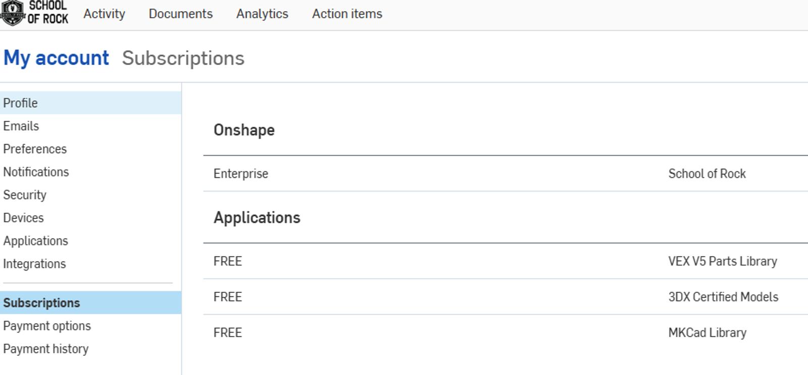 Onshape GUI zoomed in on account subscriptions.