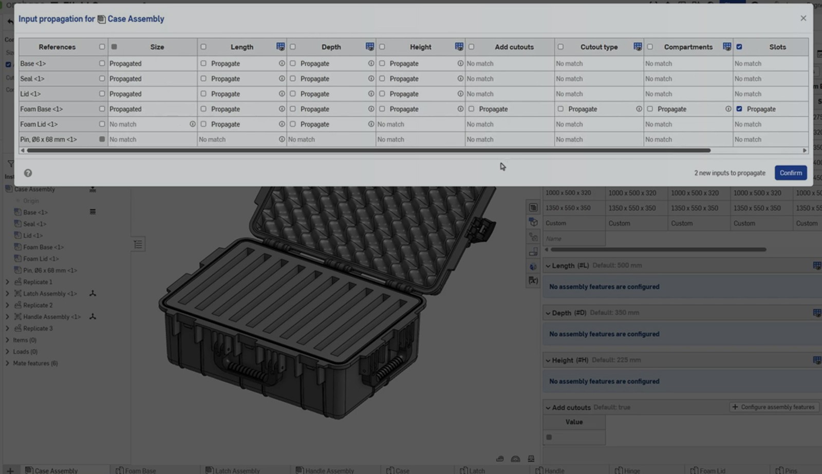 Onshape GUI with an overlay showing Input propagation for a Case Assembly.