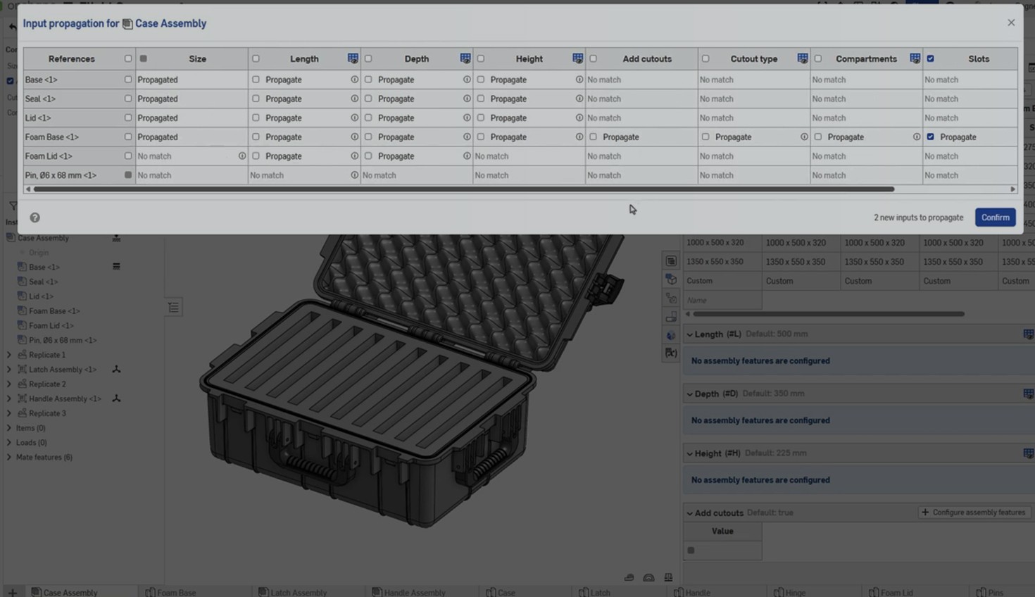 Onshape GUI with an overlay showing Input propagation for a Case Assembly.