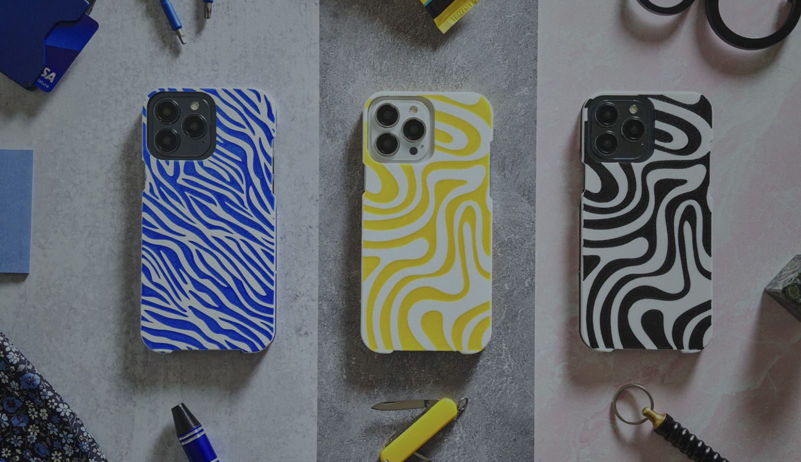 Image with an overlay of three custom phone cases developed by Red Wolf Technology