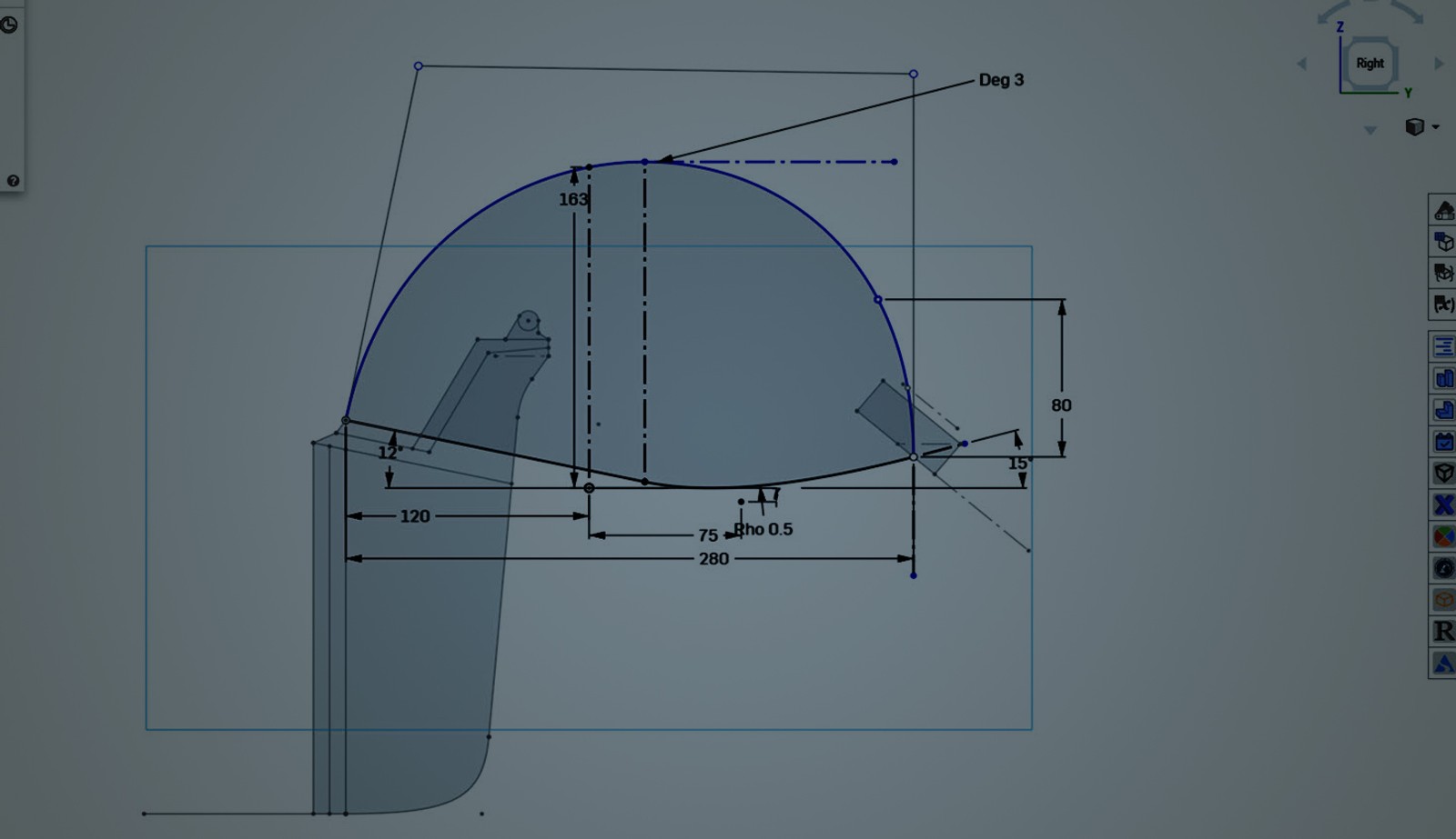 Onshape GUI darkened with an overlay showing construction lines in an Onshape sketch.