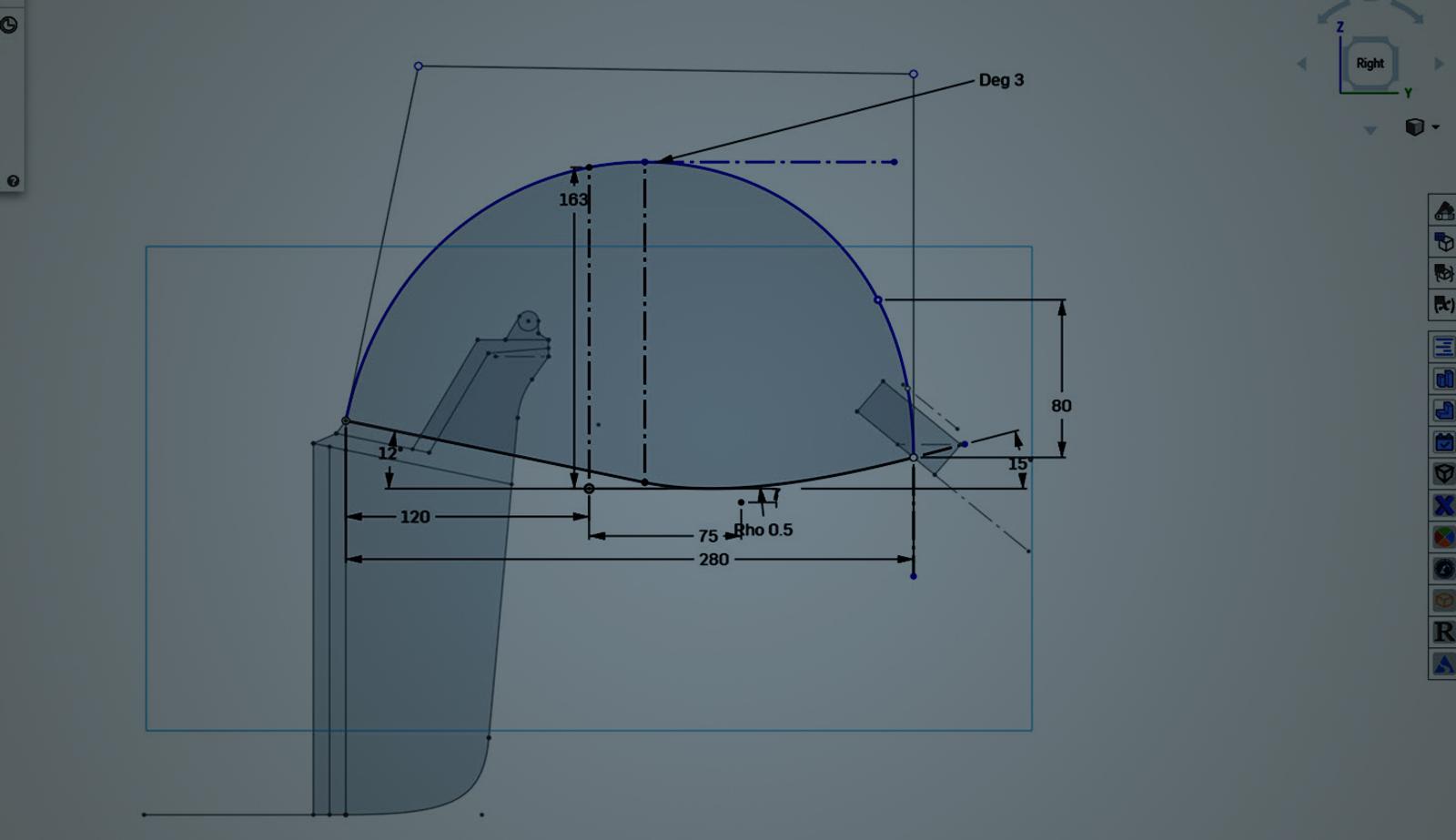Onshape GUI darkened with an overlay showing construction lines in an Onshape sketch.