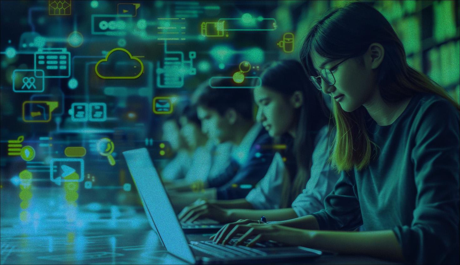 Stock image with an overlay showing students working on a laptop.