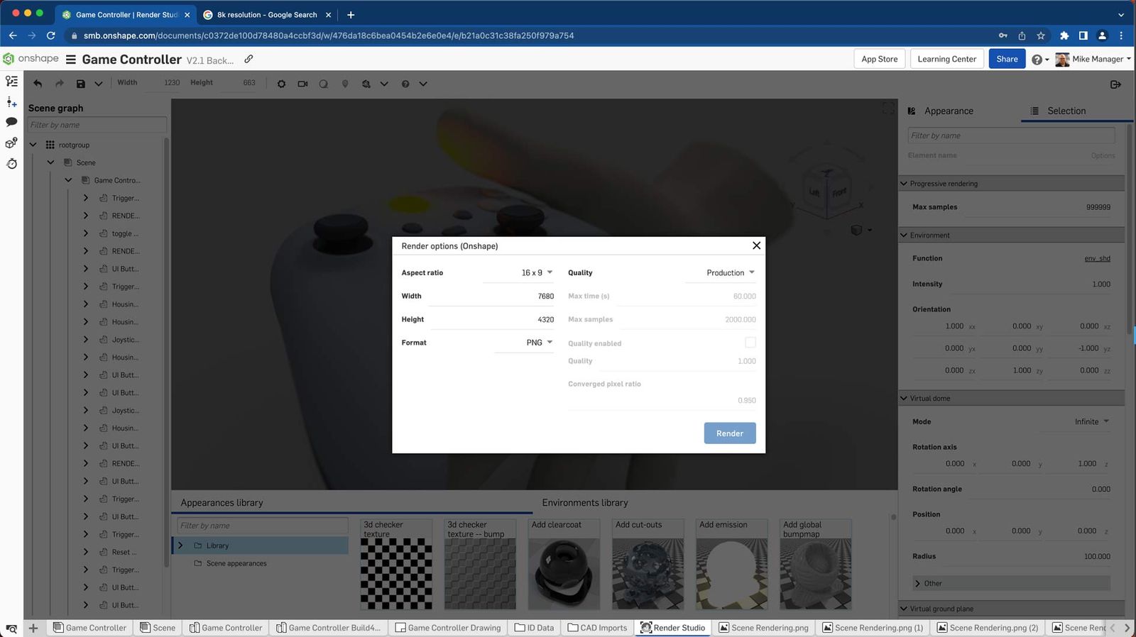Render Studio options panel in Onshape