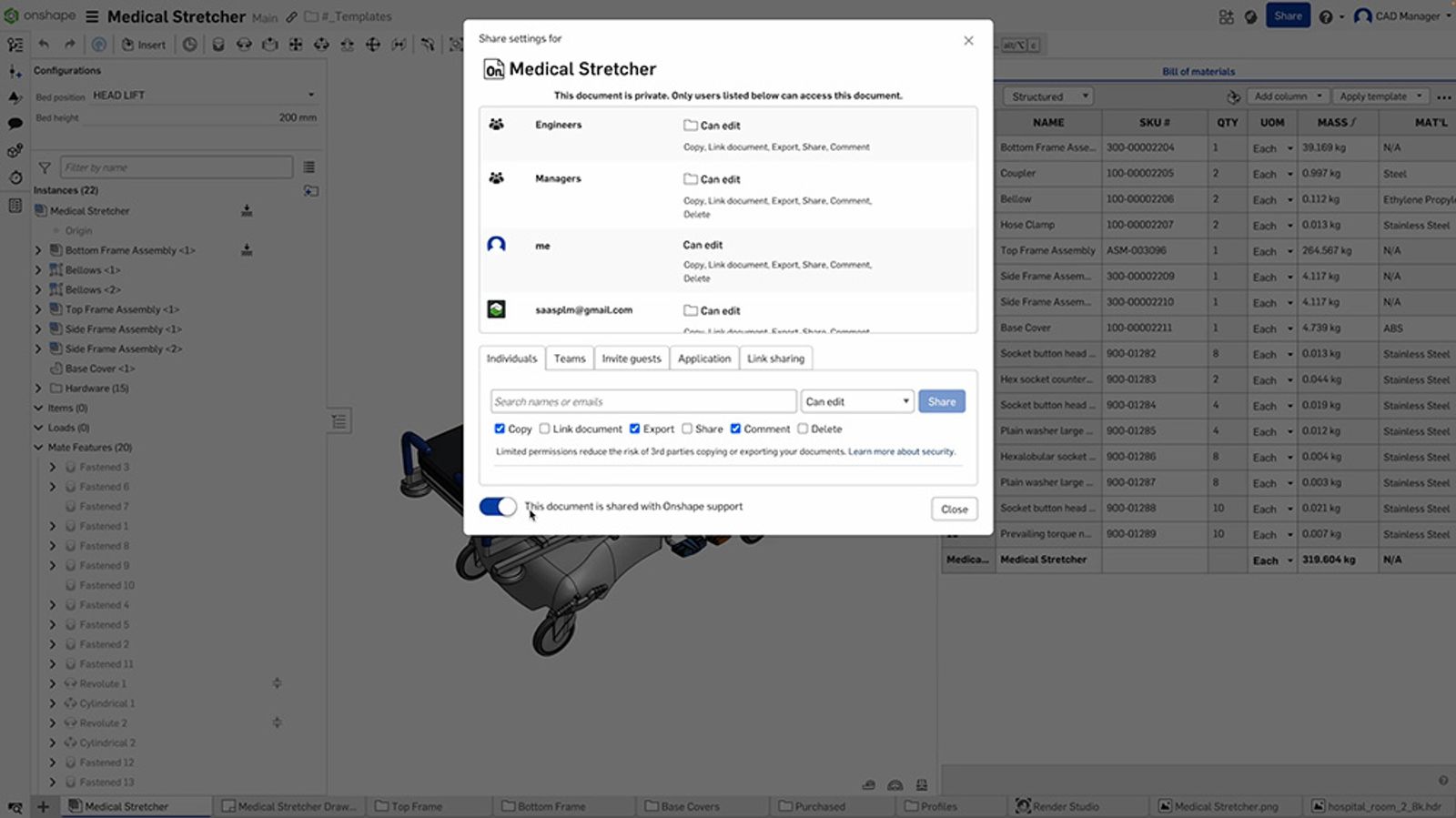 document sharing window in Onshape