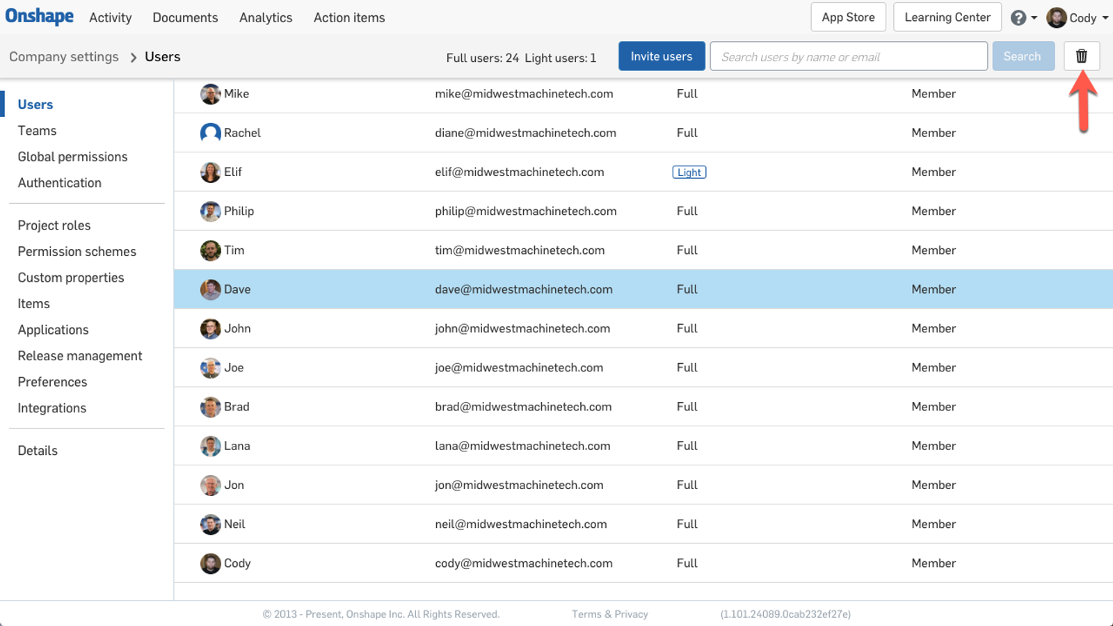 Screenshot of how to remove former employees from having access to Onshape and design data.