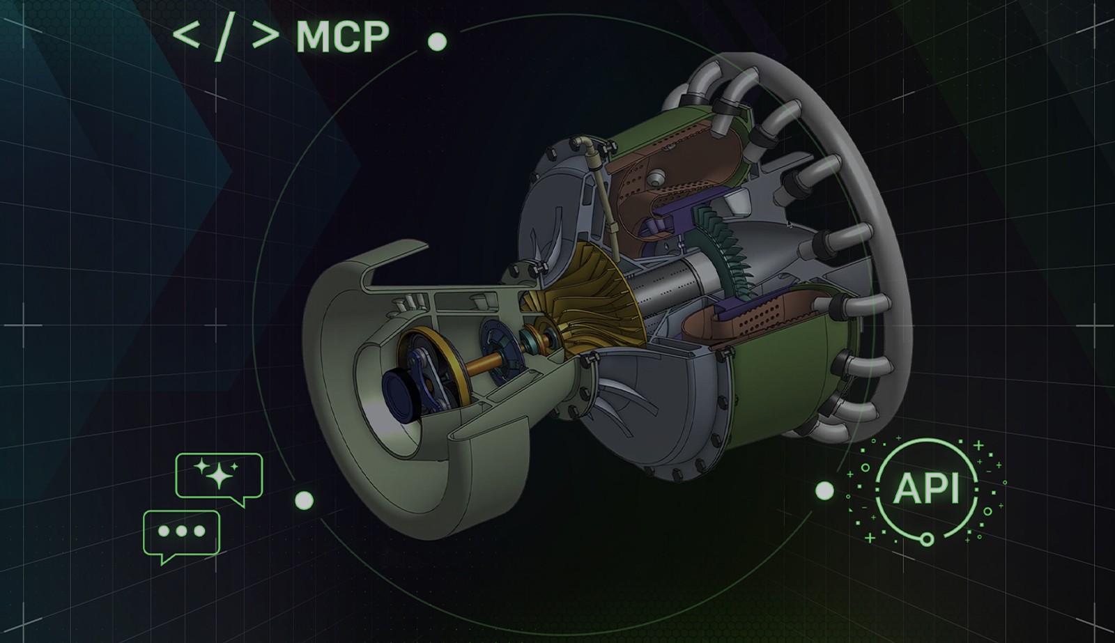 Onshape GUI illustration with an overlay showing a model and icons showing MCP, API, and an AI chat.