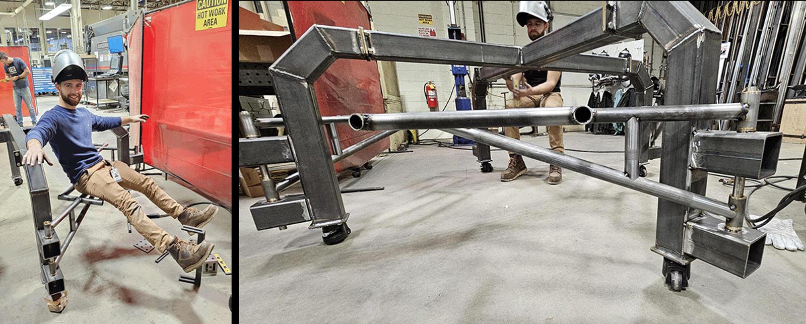 Images showing GE engineer testing the strength of the picnic table frame.