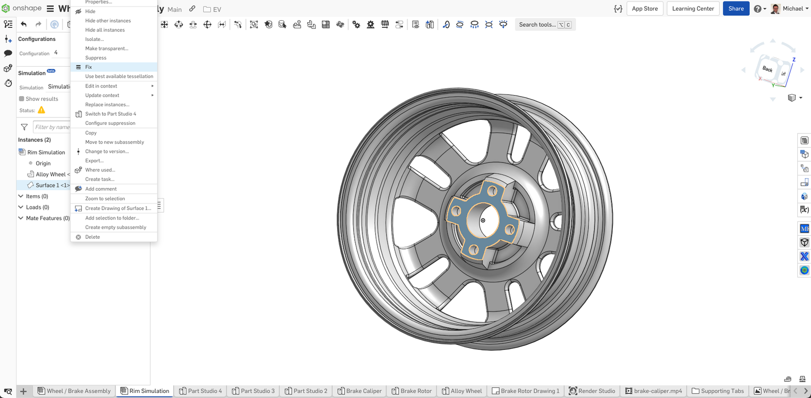 screenshot of selecting "fix" in onshape