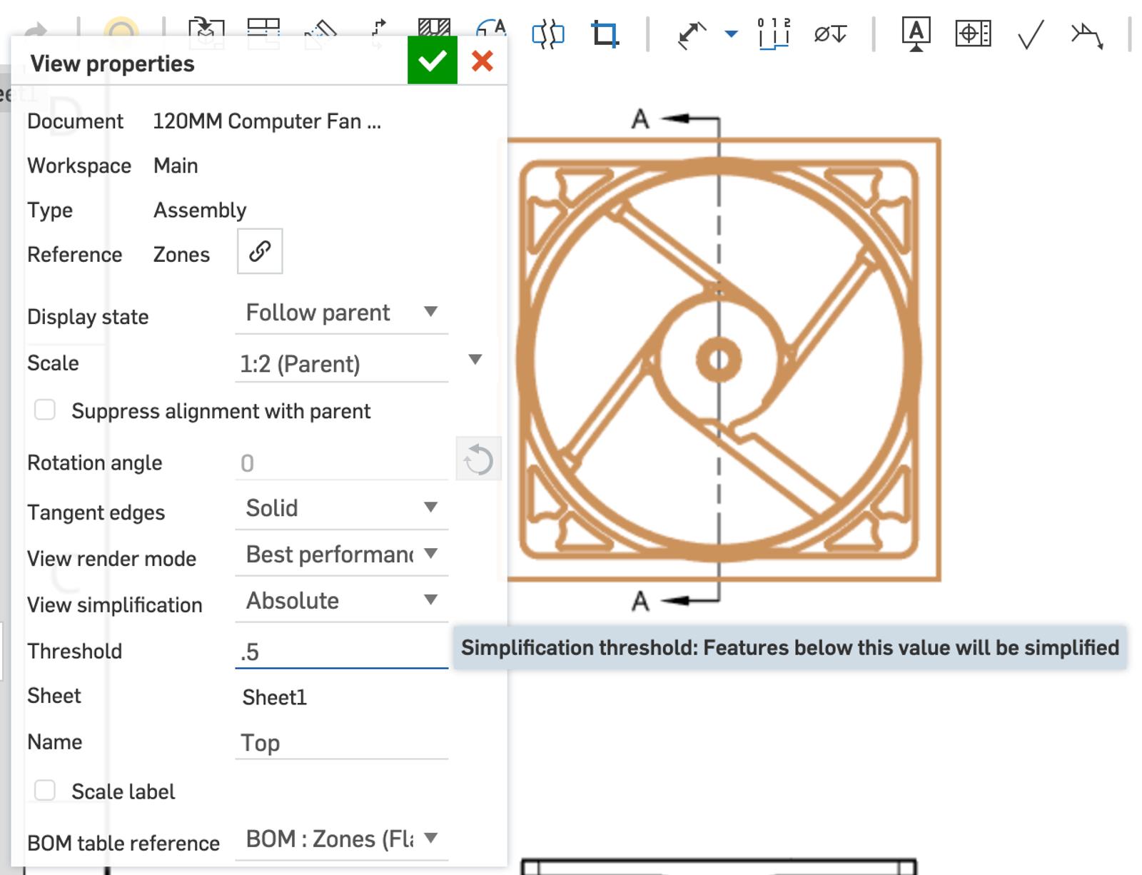 Onshape screenshot showing how to simplify drawing views.