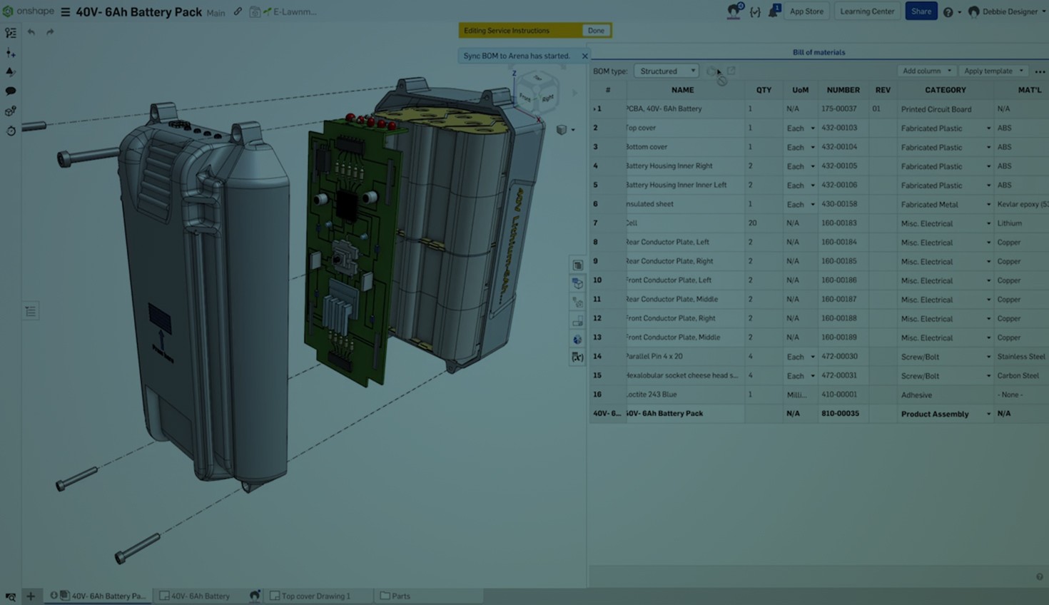Onshape GUI with an overlay showing the BOM table of a 3D-modeled battery pack.