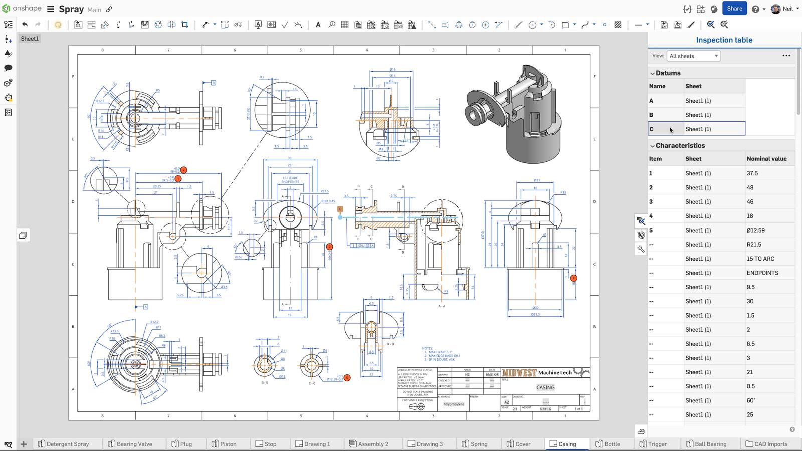 Image showing the Inspection Table in an Onshape drawing.