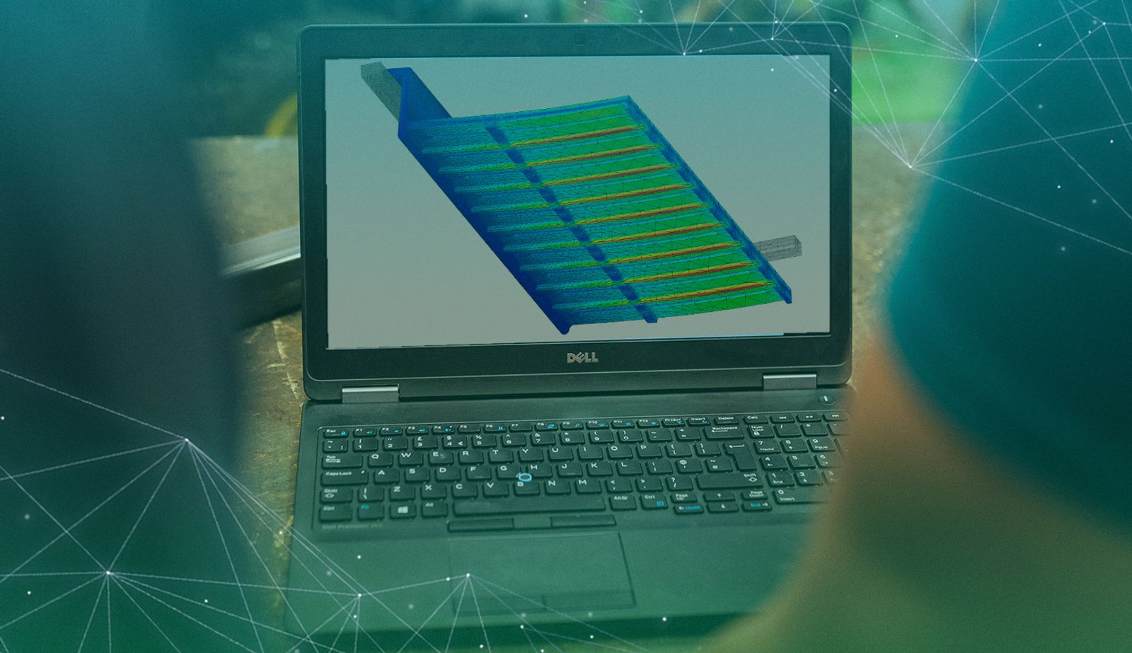 Image with an overlay showing a 3D modeled shelf under simulation testing.