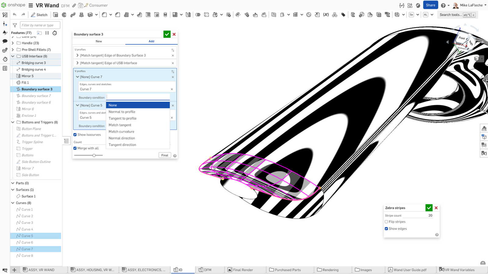 Onshape GUI showing a VR wand with UV curves turned on, overlaid with zebra strip to better understand surface continuity.