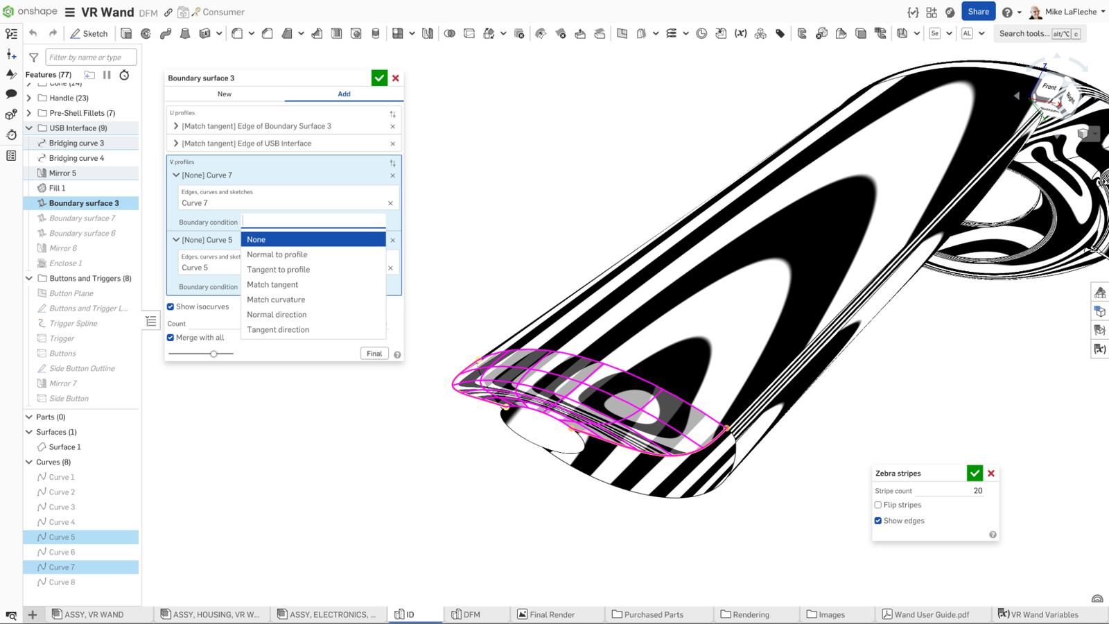 Onshape GUI showing a VR wand with UV curves turned on, overlaid with zebra strip to better understand surface continuity.
