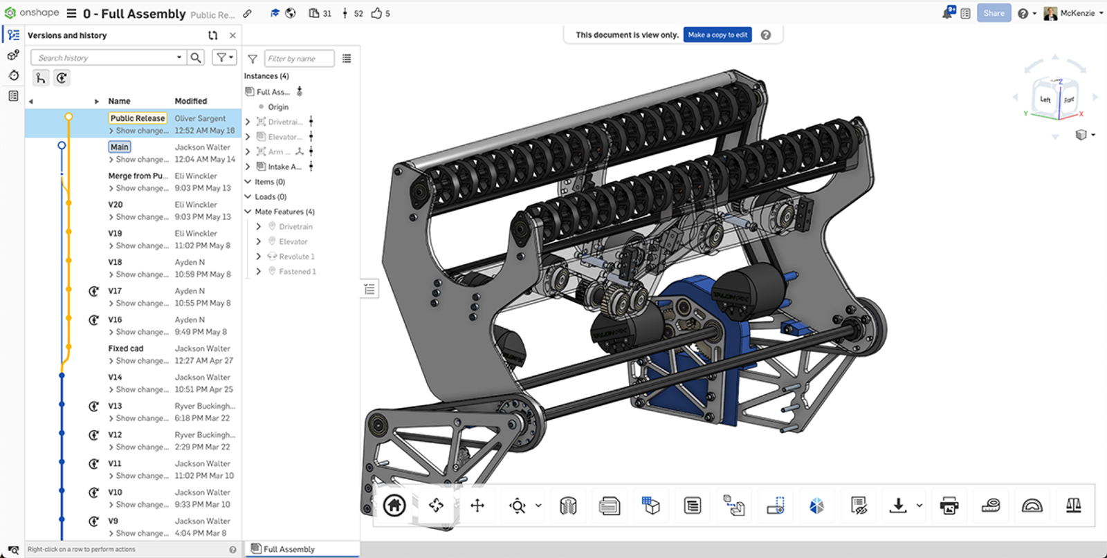 Screenshot showing a Full Assembly of a 3D model designed in Onshape.