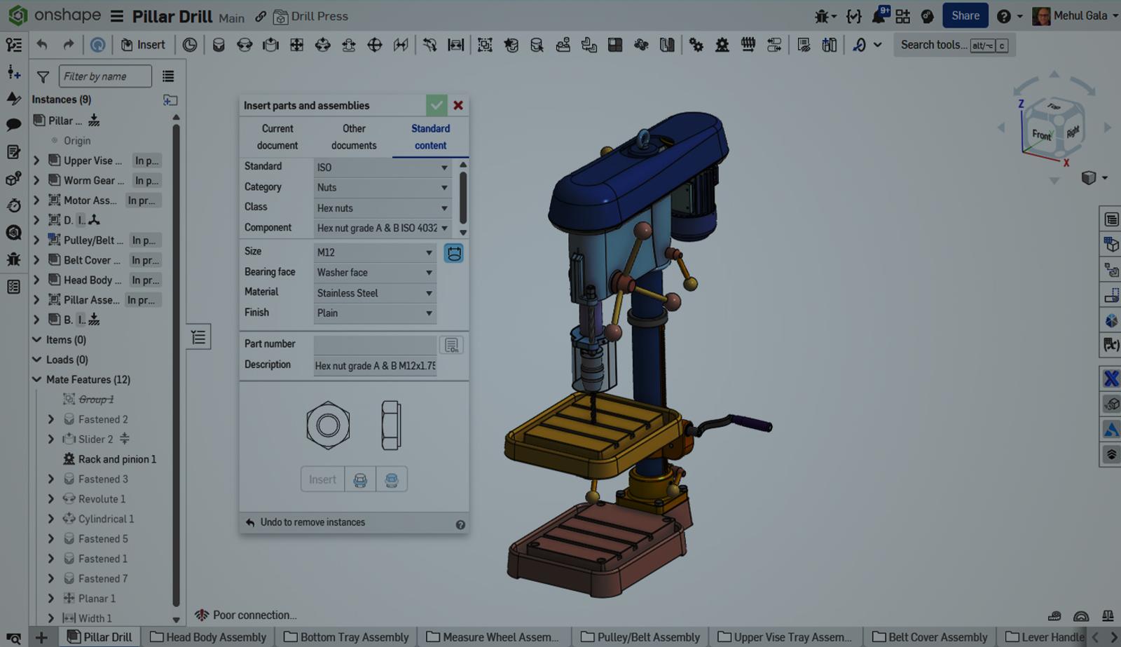 Onshape GUI with an overlay showing a 3D-modeled pillar drill using standard content.