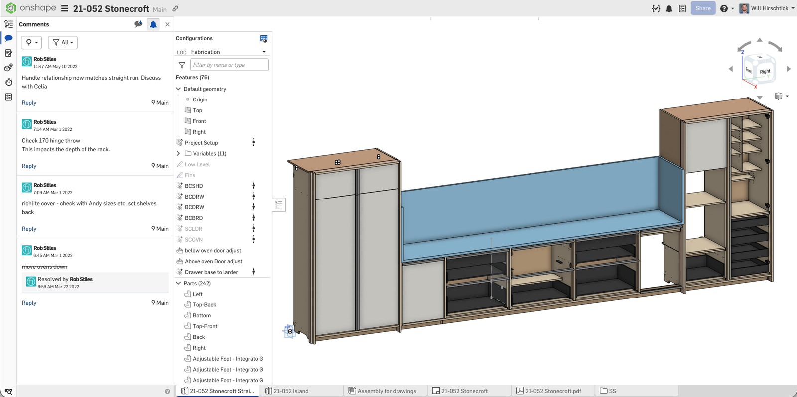 Onshape GUI showing comments in a design created by the Future Joinery Systems team.