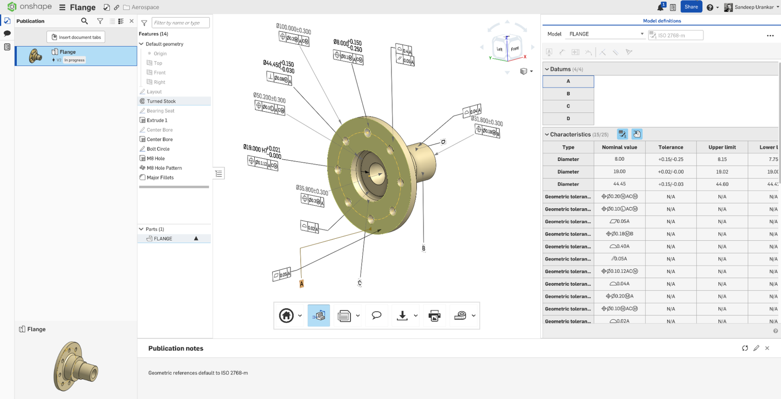 Onshape GUI showing a Publication of a 3D-modeled flange with the Model definitions panel open.