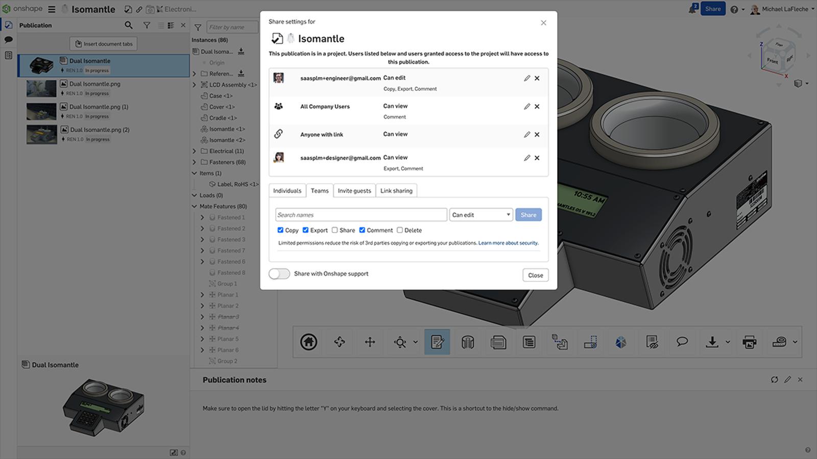 Onshape GUI showing Share settings for a CAD model.