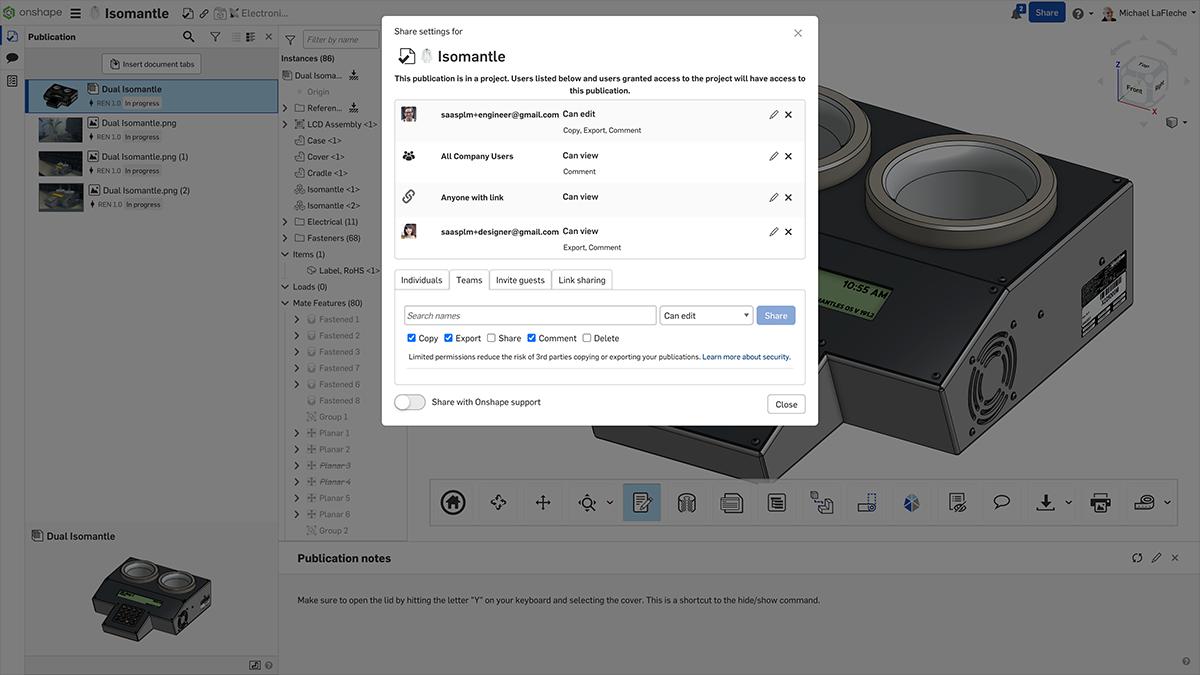 Onshape GUI showing Share settings for a CAD model.