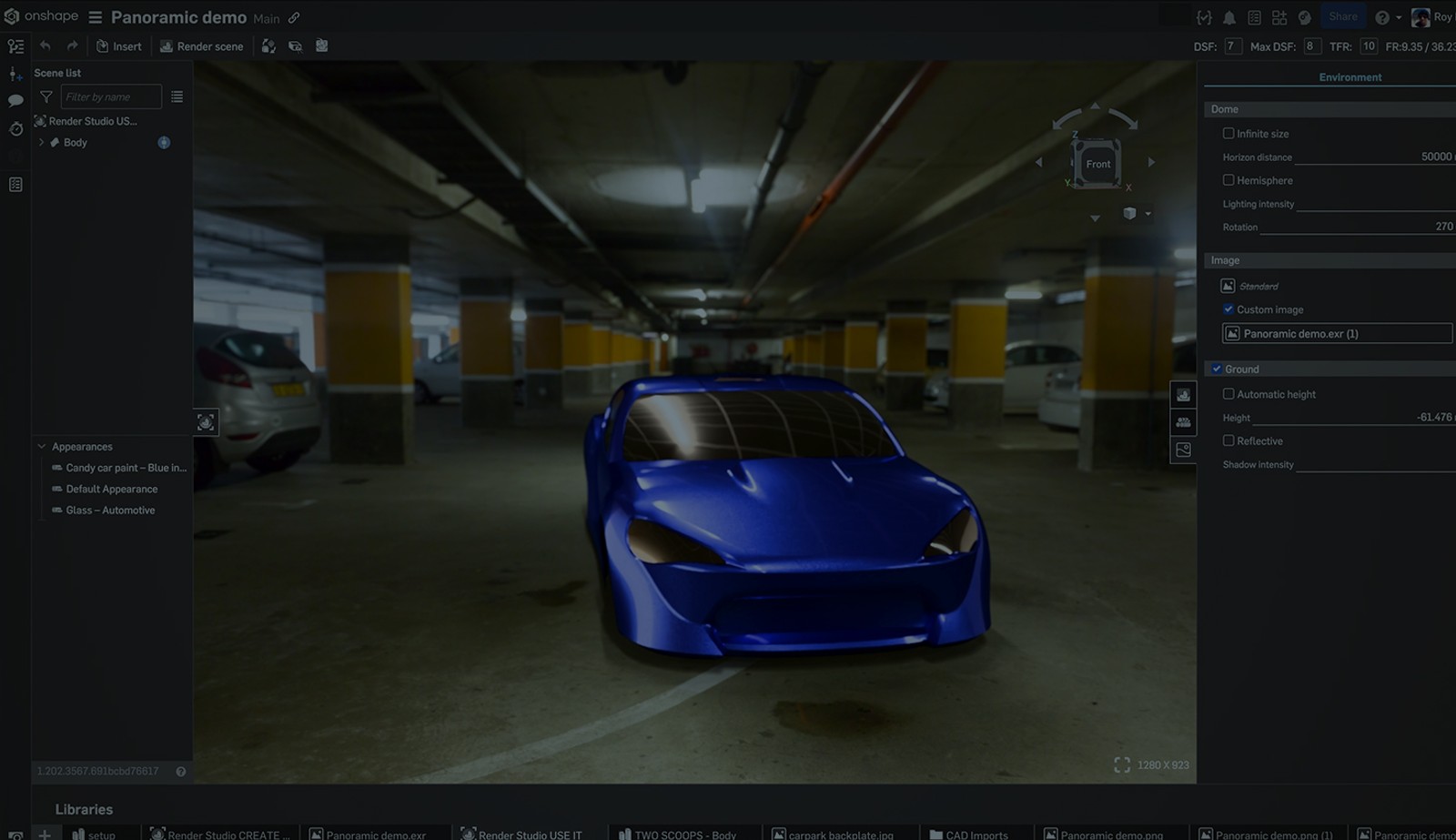 Darkened image showing a parking lot scene in Render Studio.