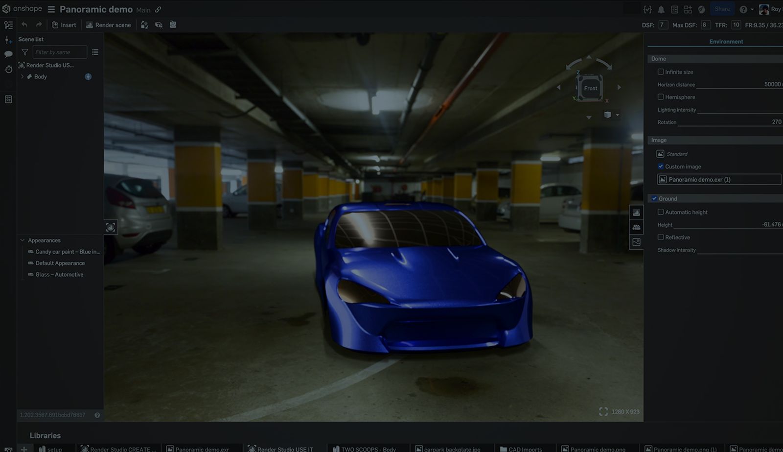 Darkened image showing a parking lot scene in Render Studio.