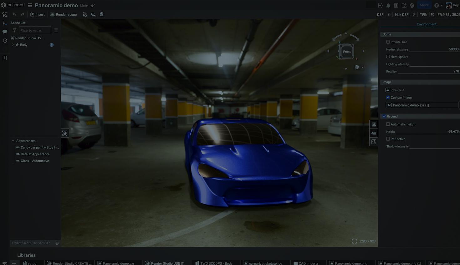 Darkened image showing a parking lot scene in Render Studio.