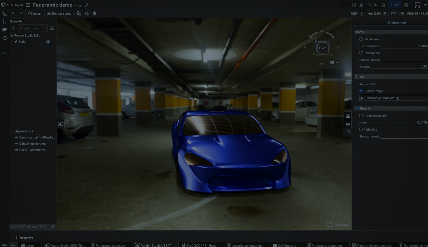 Darkened image showing a parking lot scene in Render Studio.