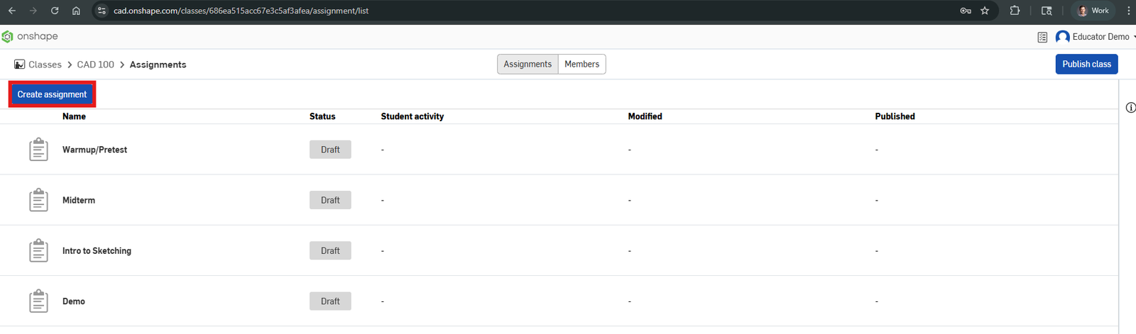 Onshape GUI showing teacher access to create an assignment.