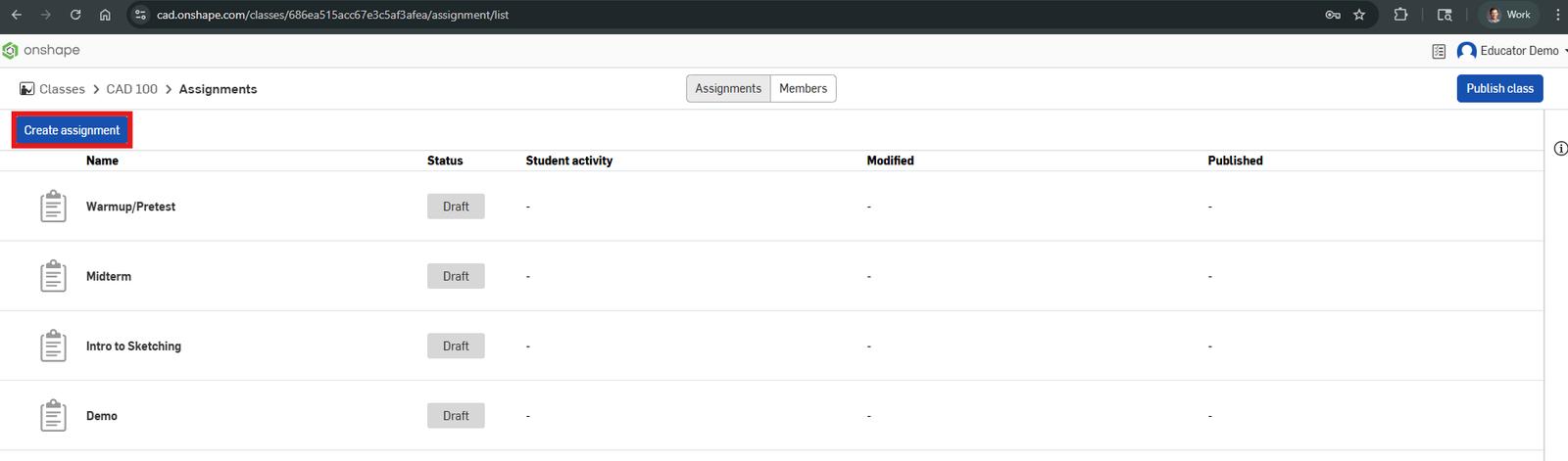 Onshape GUI showing teacher access to create an assignment.