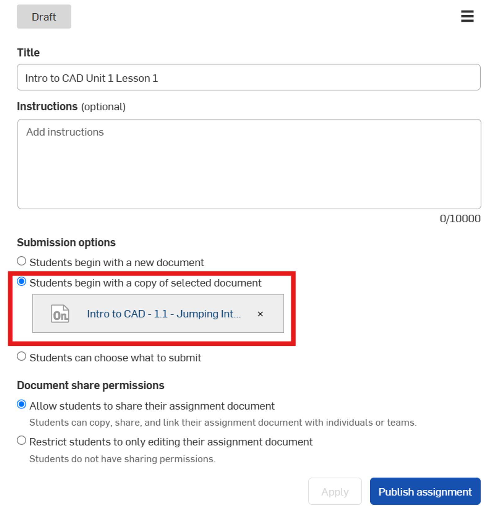 Onshape GUI showing the submission options for an assignment.